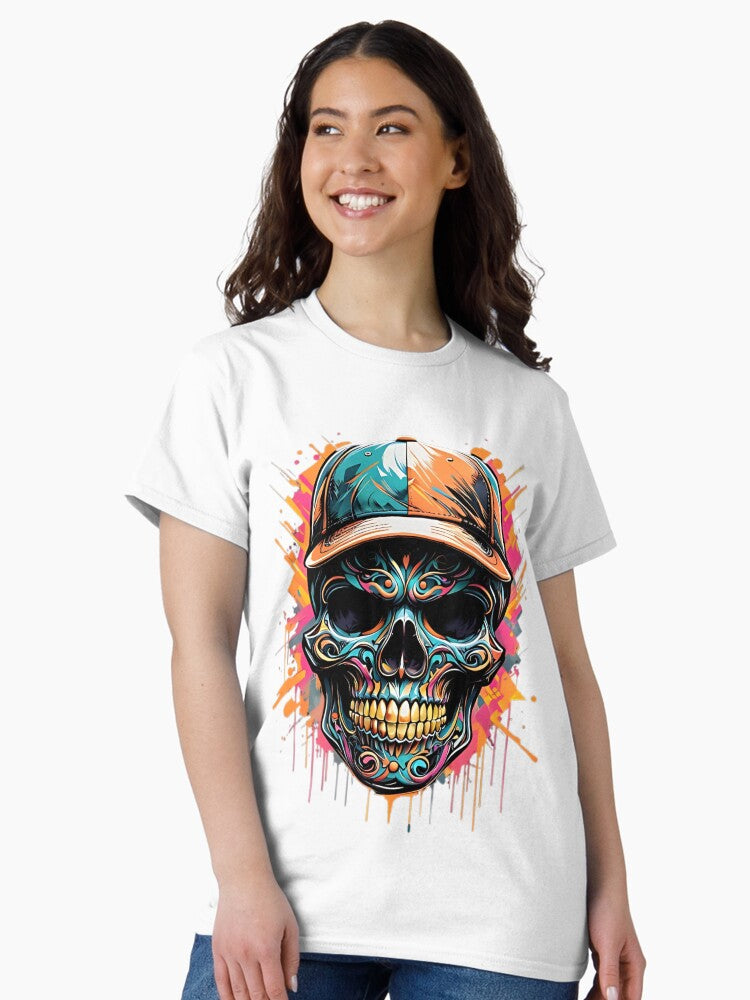 Colorful Skull With Cap Street Art Classic T-Shirt Style001