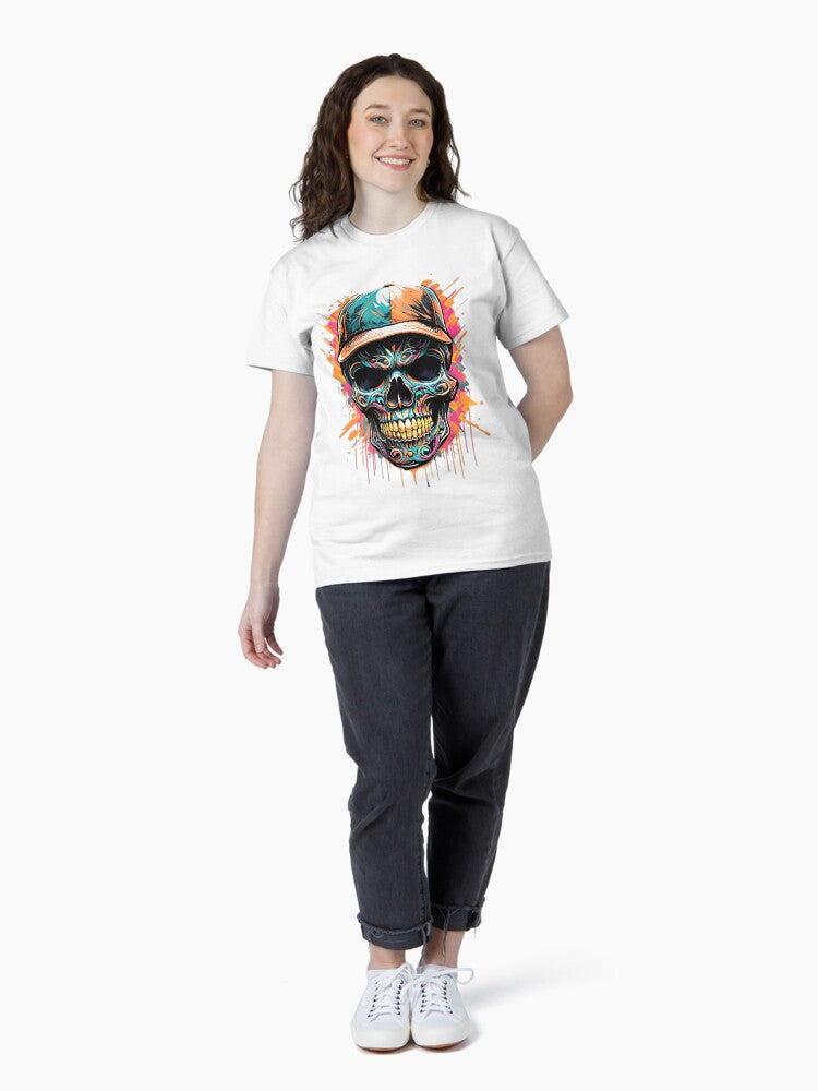 Colorful Skull With Cap Street Art Classic T-Shirt Style001