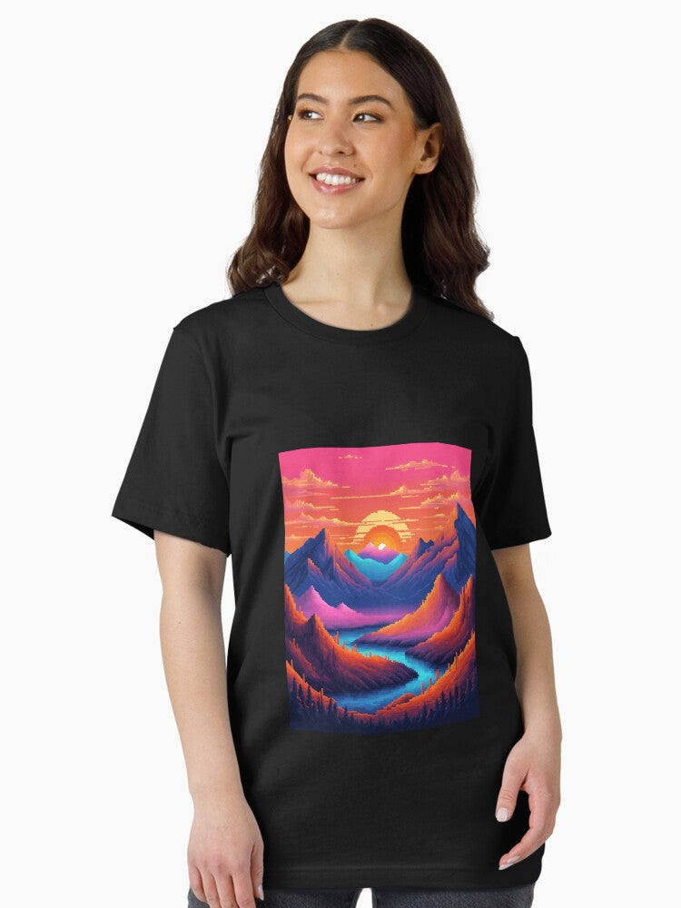 16 bit, A vibrant, pixelated gradient sunset casts a warm glow over a rugged mountain Essential T-Shirt