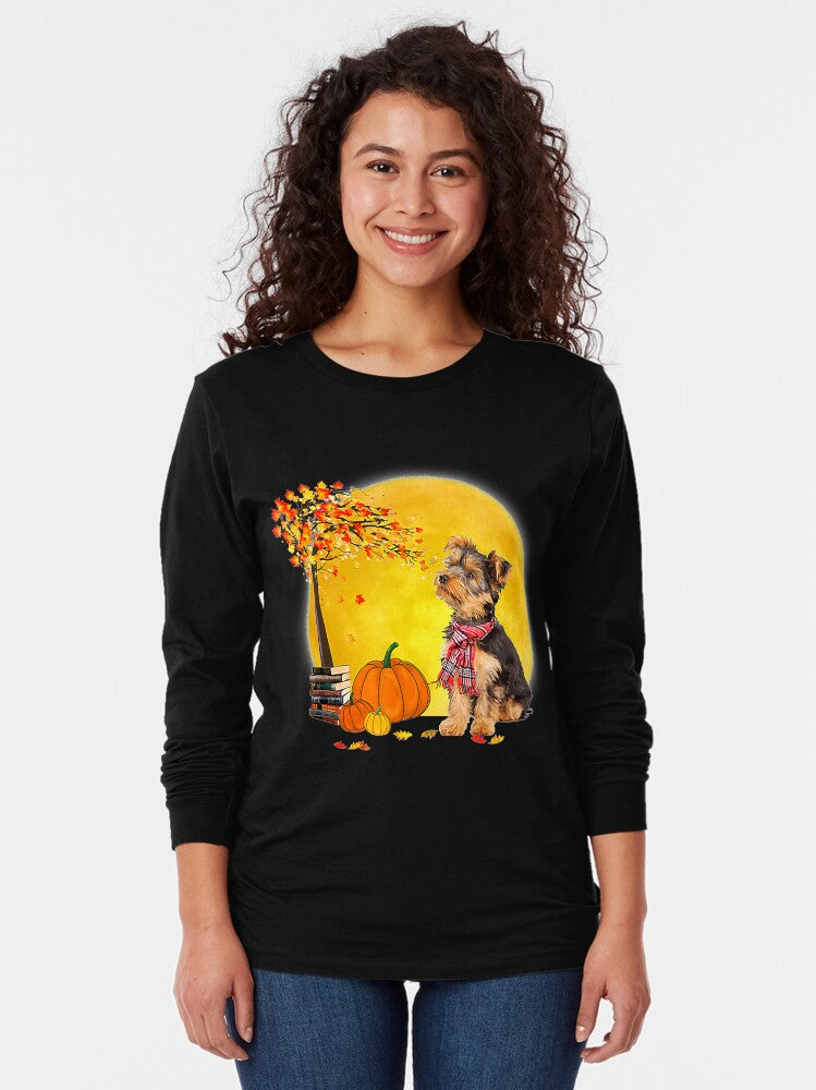 Funny Yorkie Dog Leaf Fall Hello Autumn Thanksgiving Long Sleeve T-Shirt