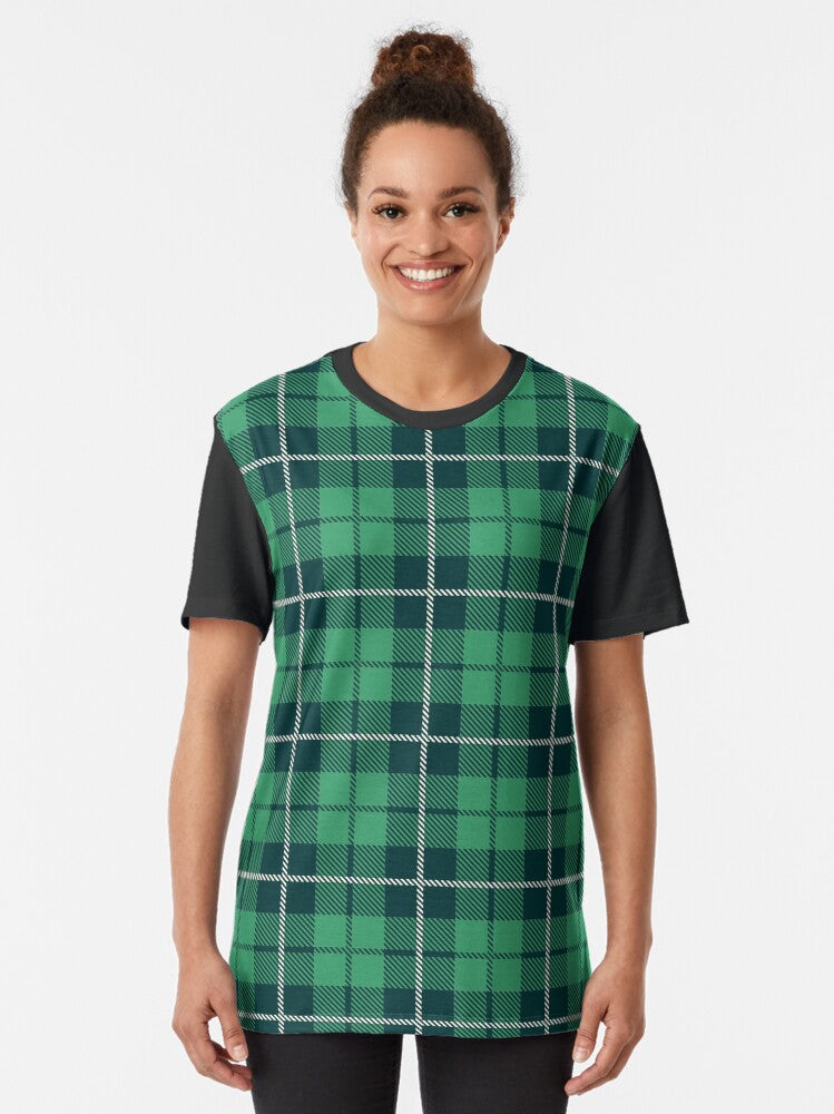 Green and White Flannel Tartan Pattern Graphic T-Shirt