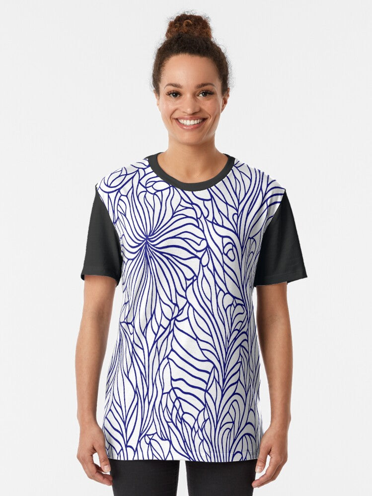 Navy Abstract Floral Patterns and Lines Graphic T-Shirt