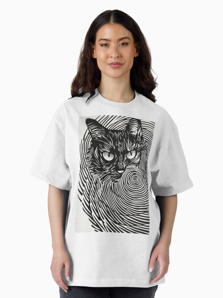 Cat in the Dark Play of the Spiral: Abstract Entanglement Oversized T-Shirt Style010