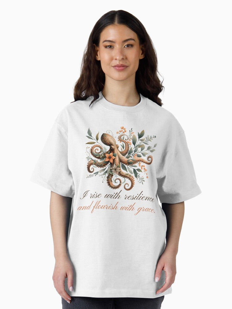 Elegant Floral Octopus with Inspiring Quote Artwork Oversized T-Shirt