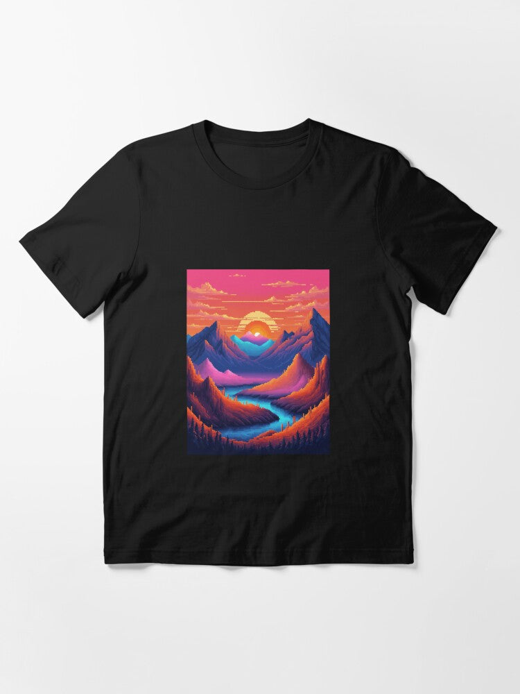 16 bit, A vibrant, pixelated gradient sunset casts a warm glow over a rugged mountain Essential T-Shirt