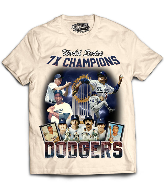 Dodgers 7X Champs Tribute Vintage Shirt: Front/Back (White)