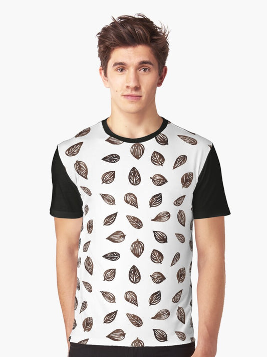 Coffee Colored Leaves Pattern Graphic T-Shirt