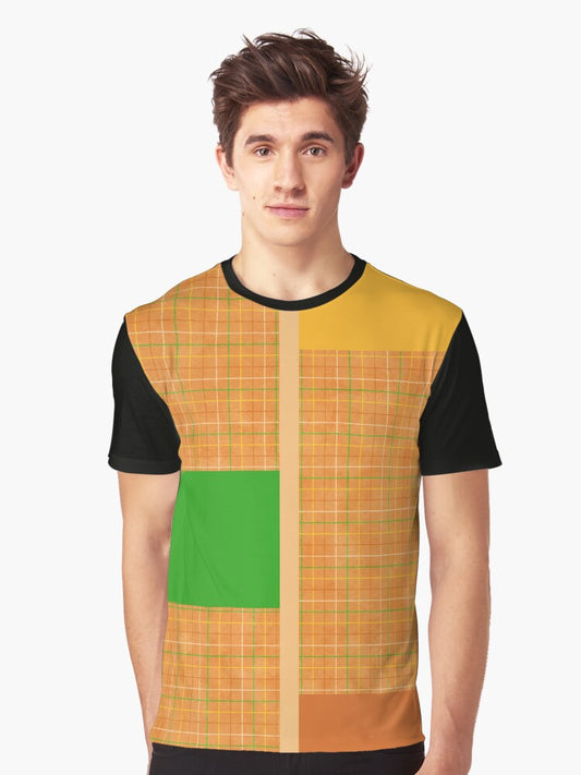 Fall Orange Green Yellow Checkered Gingham Patchwork Color Canvas Graphic T-Shirt