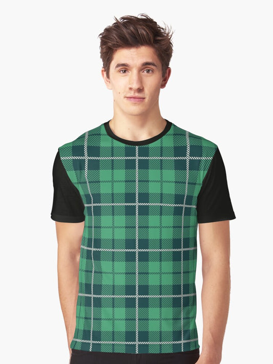 Green and White Flannel Tartan Pattern Graphic T-Shirt