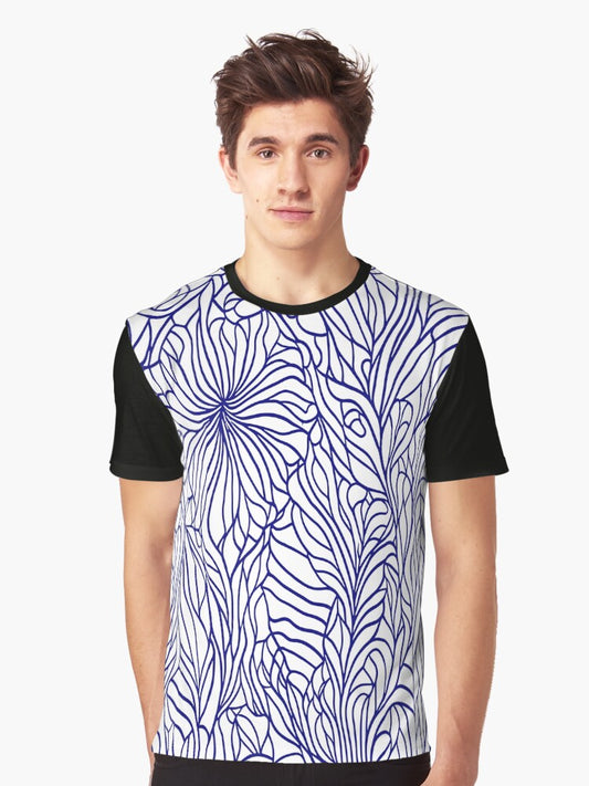 Navy Abstract Floral Patterns and Lines Graphic T-Shirt