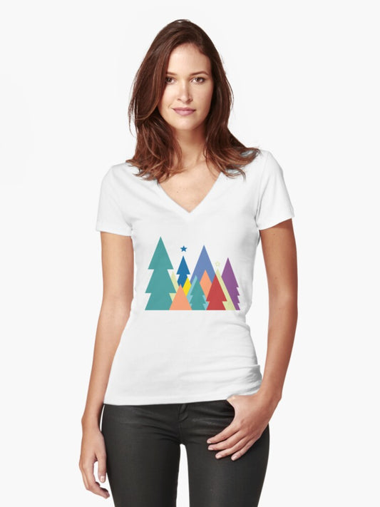 graphic fir trees Fitted V-Neck T-Shirt