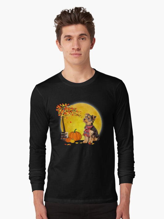 Funny Yorkie Dog Leaf Fall Hello Autumn Thanksgiving Long Sleeve T-Shirt