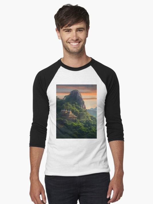 Majestic Heights: Ancient Temple in the Mountains Baseball ¾ Sleeve T-Shirt