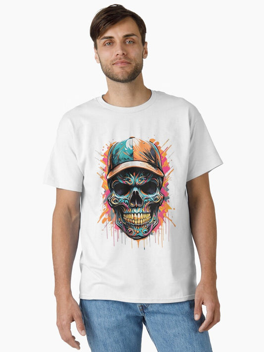 Colorful Skull With Cap Street Art Classic T-Shirt Style001