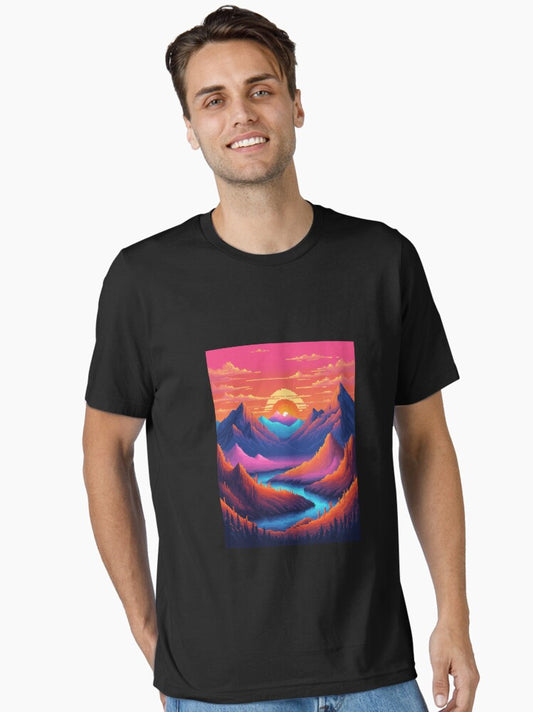 16 bit, A vibrant, pixelated gradient sunset casts a warm glow over a rugged mountain Essential T-Shirt
