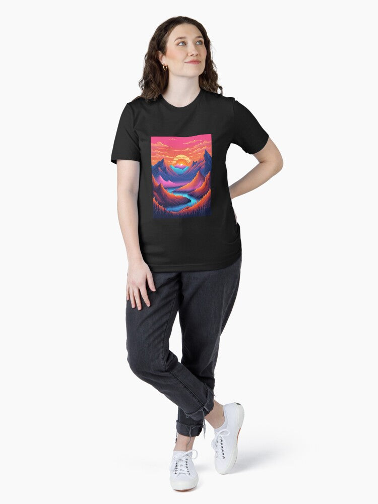 16 bit, A vibrant, pixelated gradient sunset casts a warm glow over a rugged mountain Essential T-Shirt