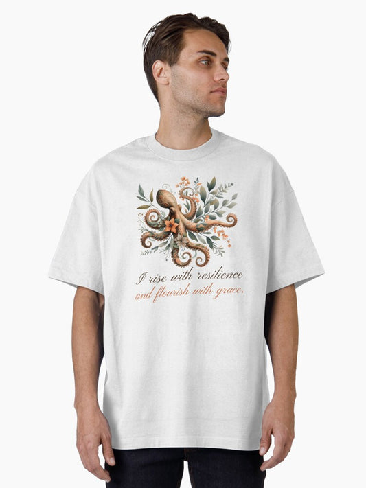 Elegant Floral Octopus with Inspiring Quote Artwork Oversized T-Shirt